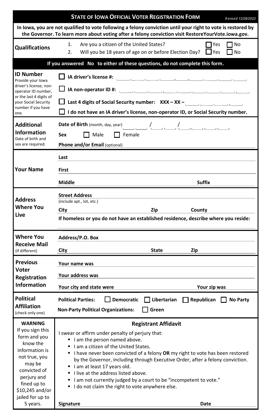 State of Iowa Official Voter Registration Form - Iowa, Page 1