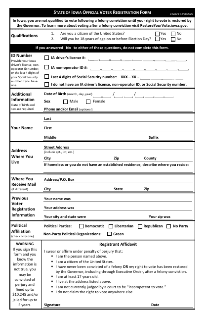 State of Iowa Official Voter Registration Form - Iowa Download Pdf