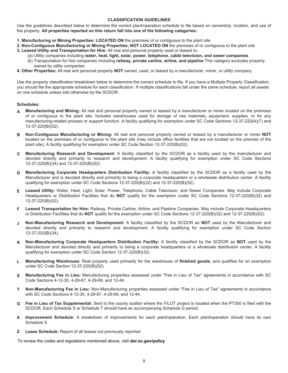 Instructions for Form PT-300 Property Tax and Fee in Lieu - South Carolina, Page 10