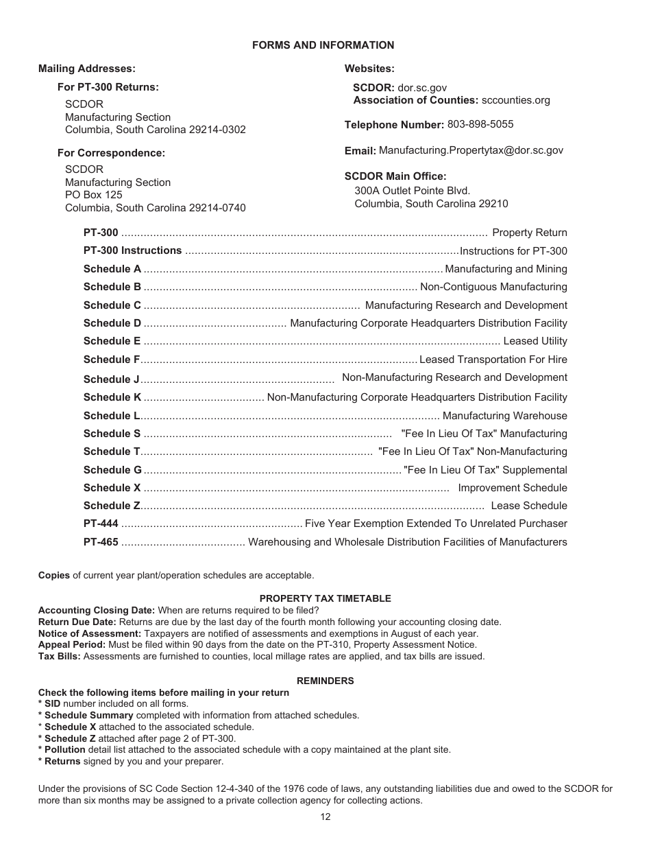 Instructions for Form PT-300 Property Tax and Fee in Lieu - South Carolina, Page 13