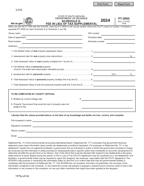 Form PT-300G Schedule G Fee in Lieu of Tax Supplemental - South Carolina, 2024