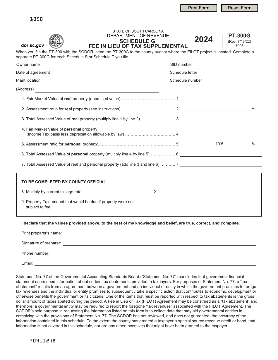 Form PT-300G Schedule G Fee in Lieu of Tax Supplemental - South Carolina, Page 1