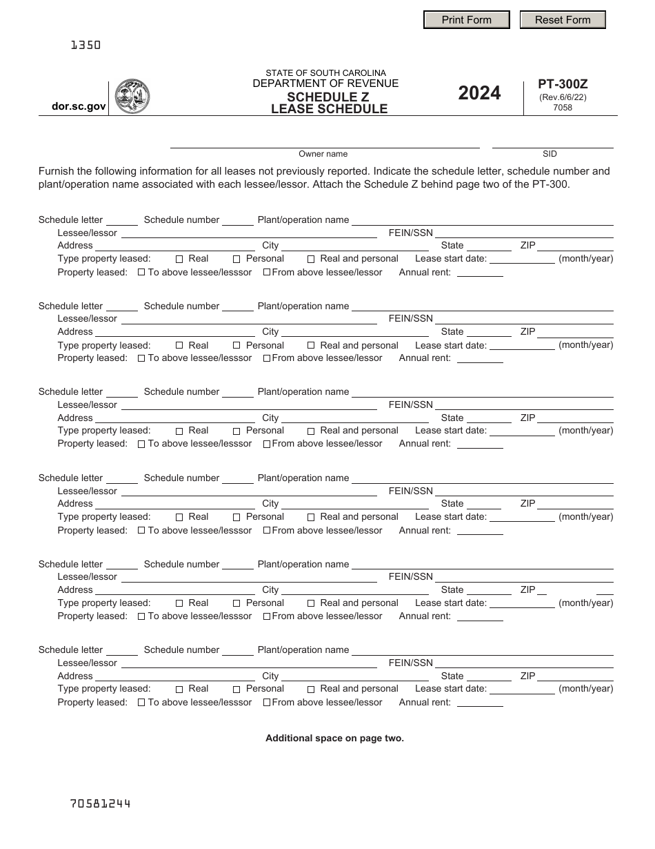 Form PT-300Z Schedule Z Lease Schedule - South Carolina, Page 1