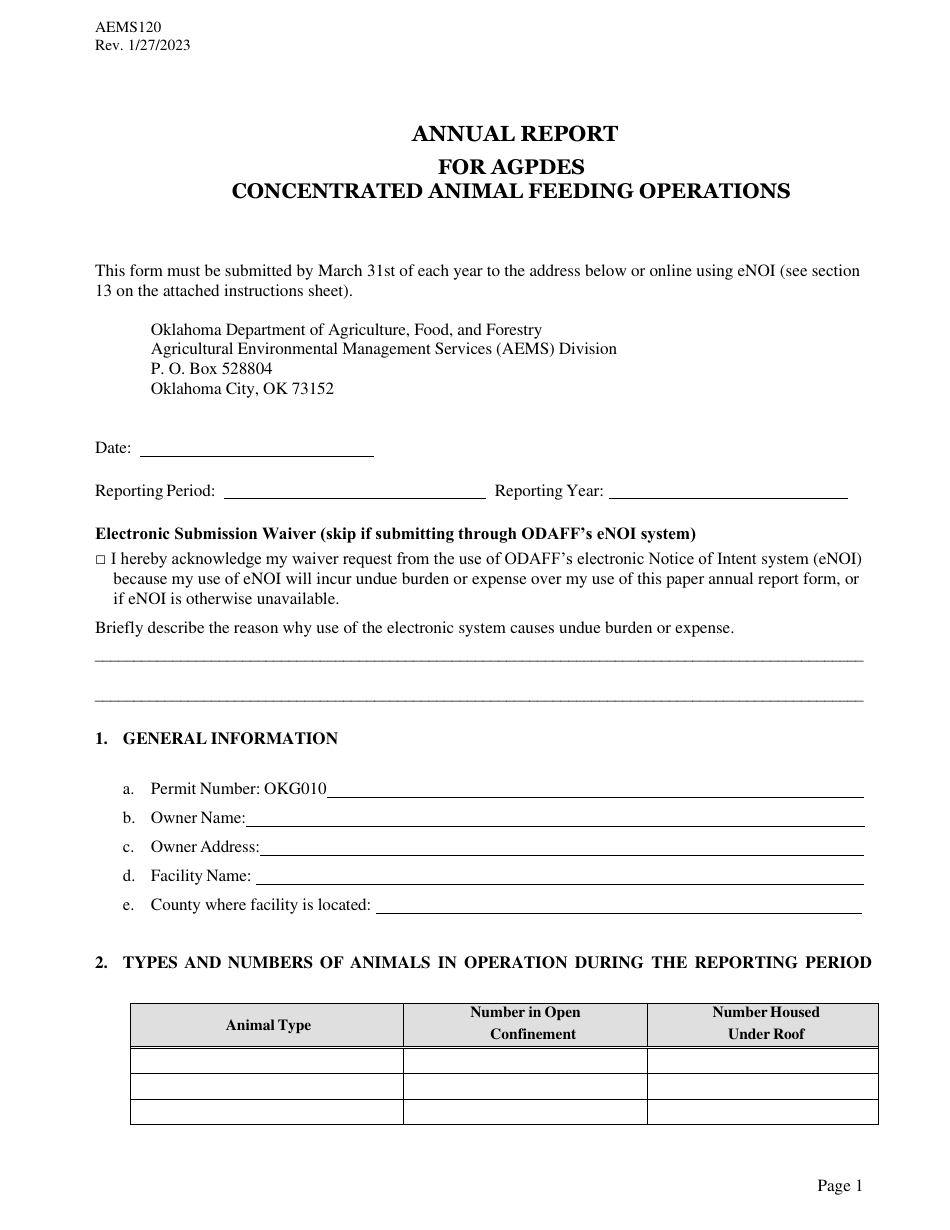 Form AEMS120 Annual Report for Agpdes Concentrated Animal Feeding Operations - Oklahoma, Page 1