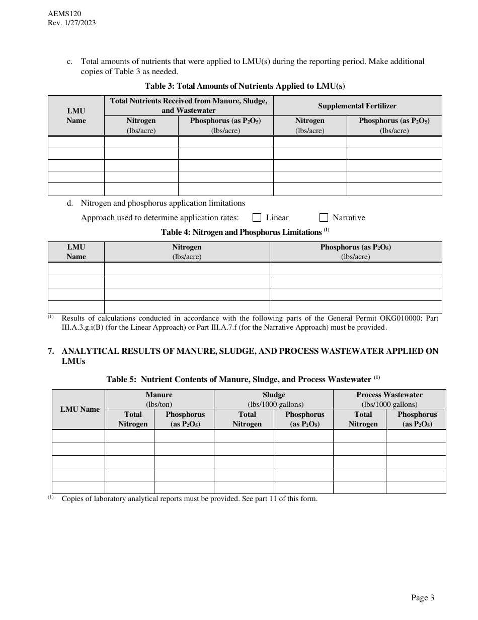 Form AEMS120 Annual Report for Agpdes Concentrated Animal Feeding Operations - Oklahoma, Page 3