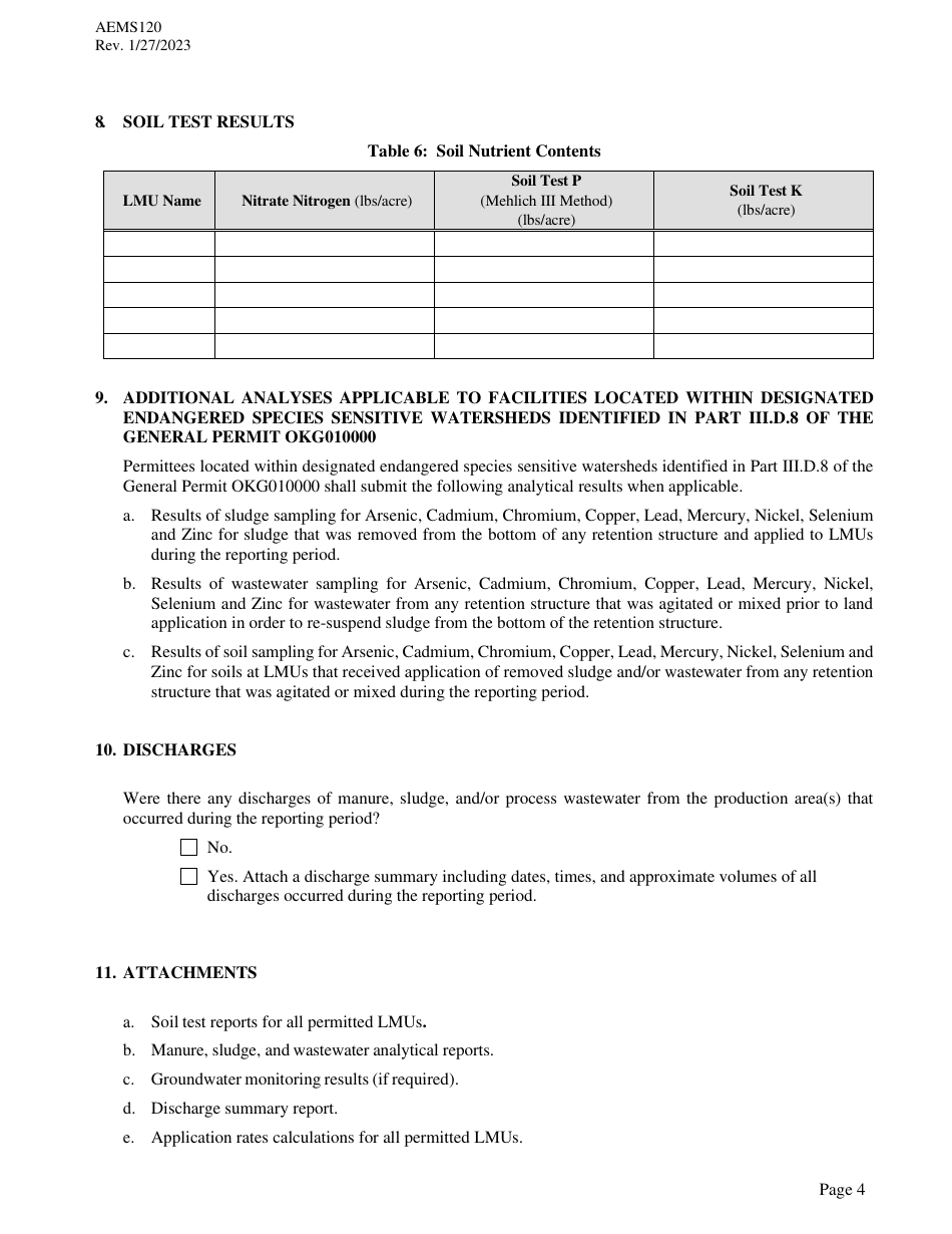 Form AEMS120 Annual Report for Agpdes Concentrated Animal Feeding Operations - Oklahoma, Page 4