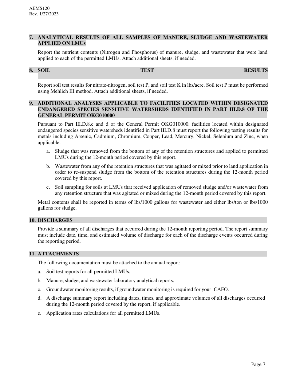 Form AEMS120 Annual Report for Agpdes Concentrated Animal Feeding Operations - Oklahoma, Page 7