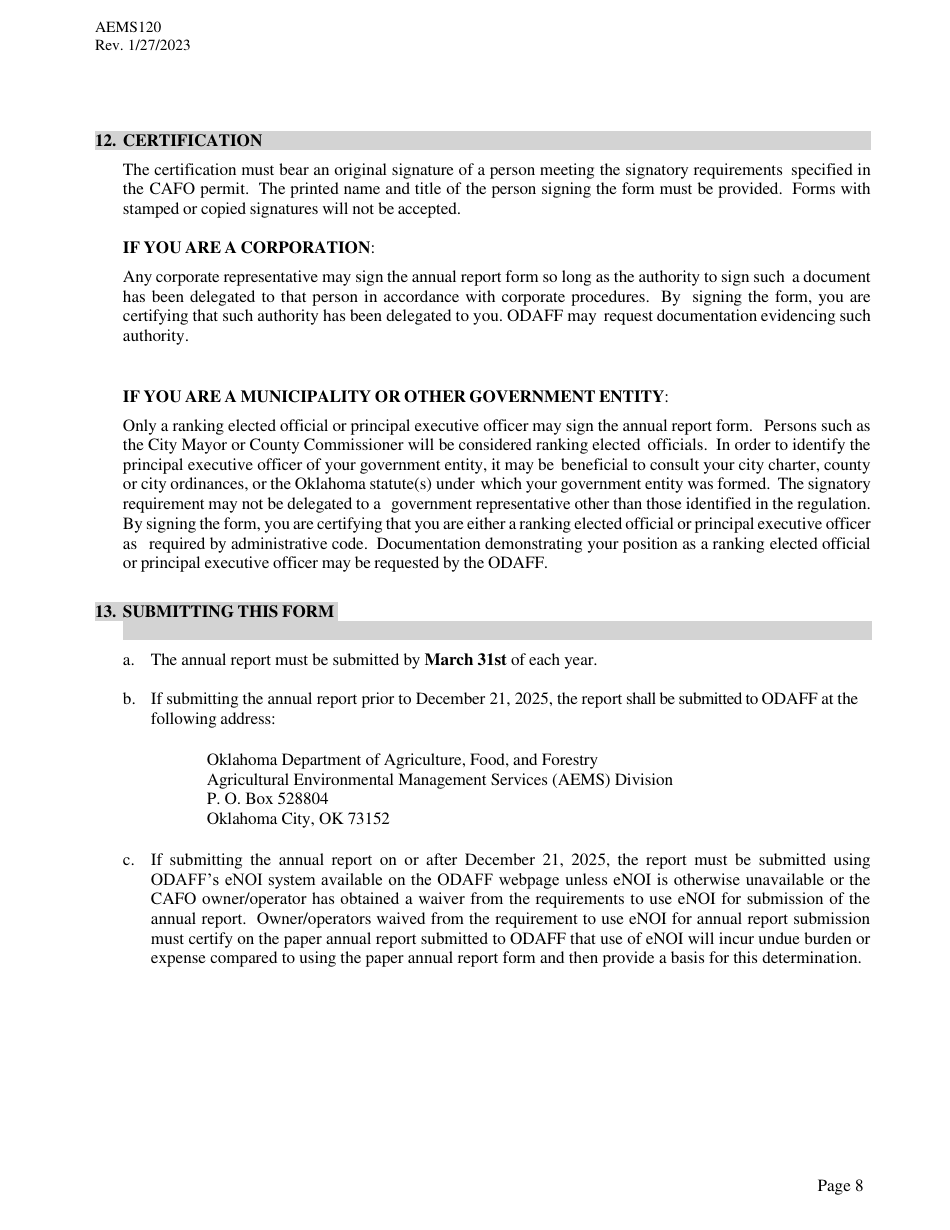 Form AEMS120 Annual Report for Agpdes Concentrated Animal Feeding Operations - Oklahoma, Page 8