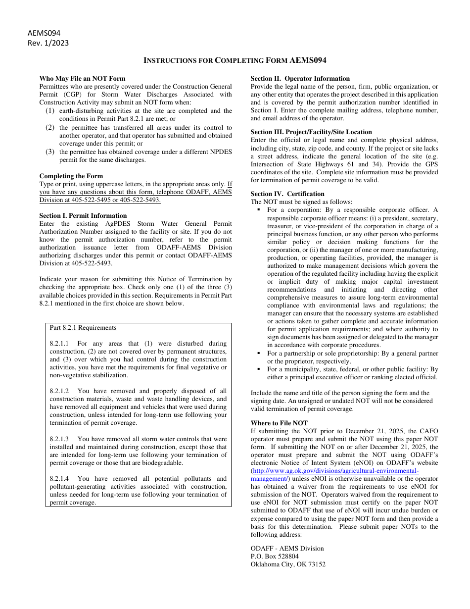 Form AEMS094 Notice of Termination (Not) for Permit Authorization to Discharge Storm Water Associated With Agricultural Construction Activities - Oklahoma, Page 3