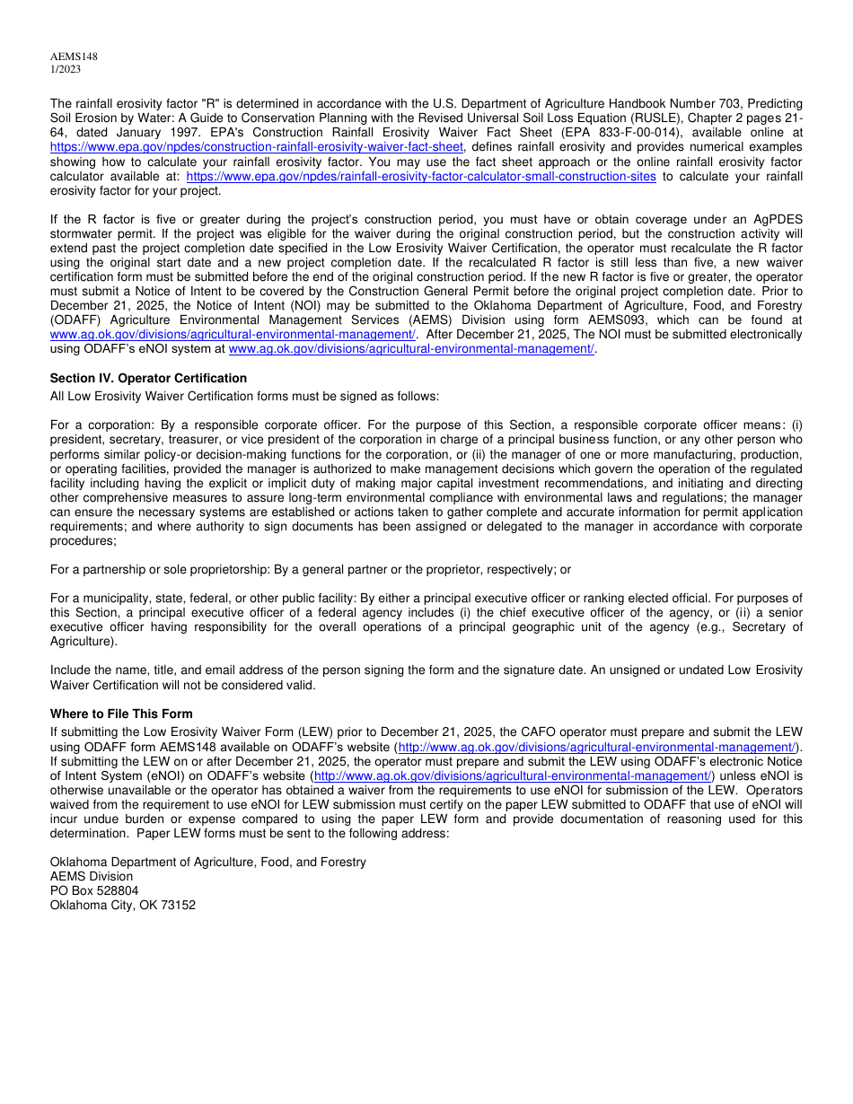 Form AEMS148 Low Erosivity Waiver for Storm Water Discharges Associated With Construction Activity on Sites of One to Five Acres and Sites of Five or More Acres Under the Agpdes Odaff 2023 Construction General Permit (Cgp) - Oklahoma, Page 3