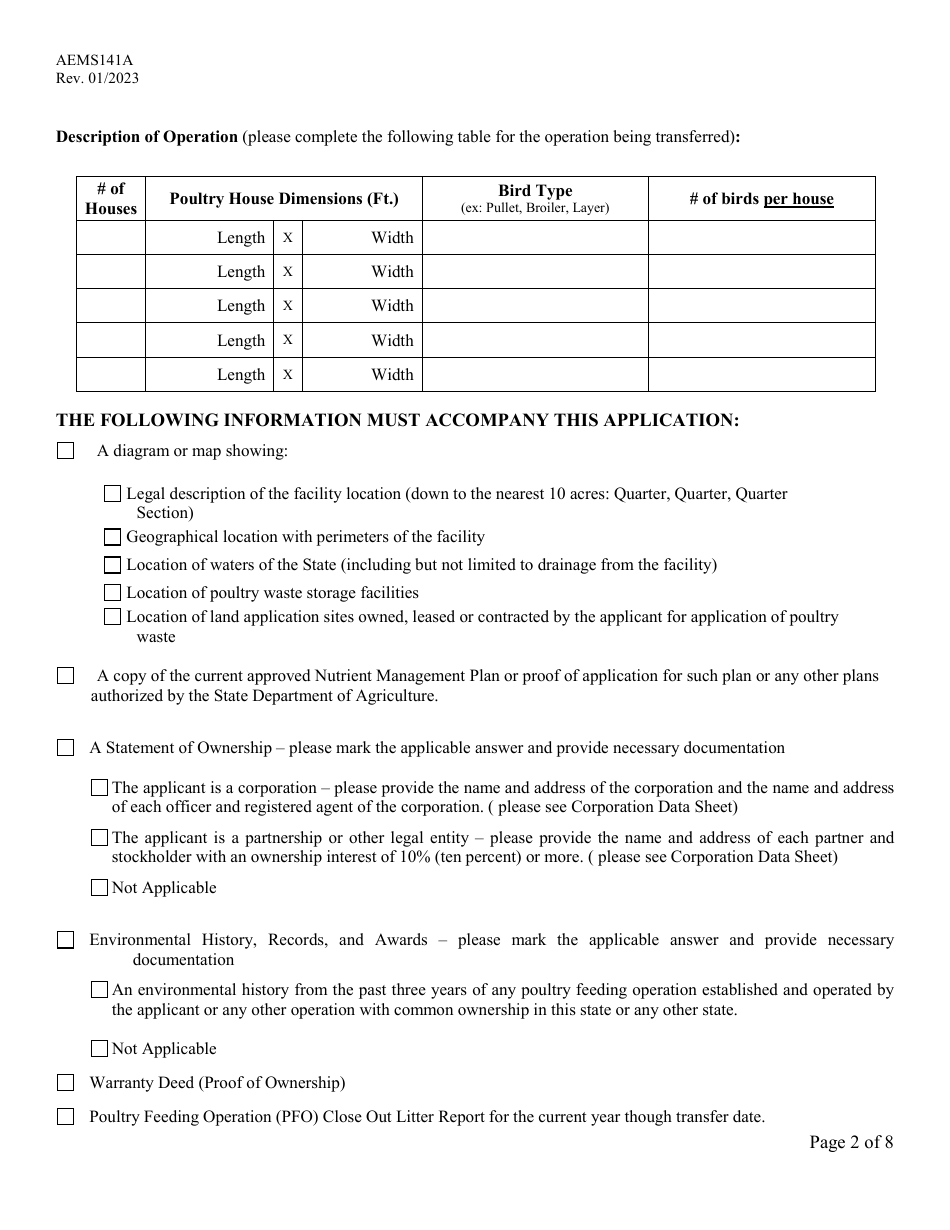 Form AEMS141A Poultry Feeding Operation Transfer Application - Oklahoma, Page 2