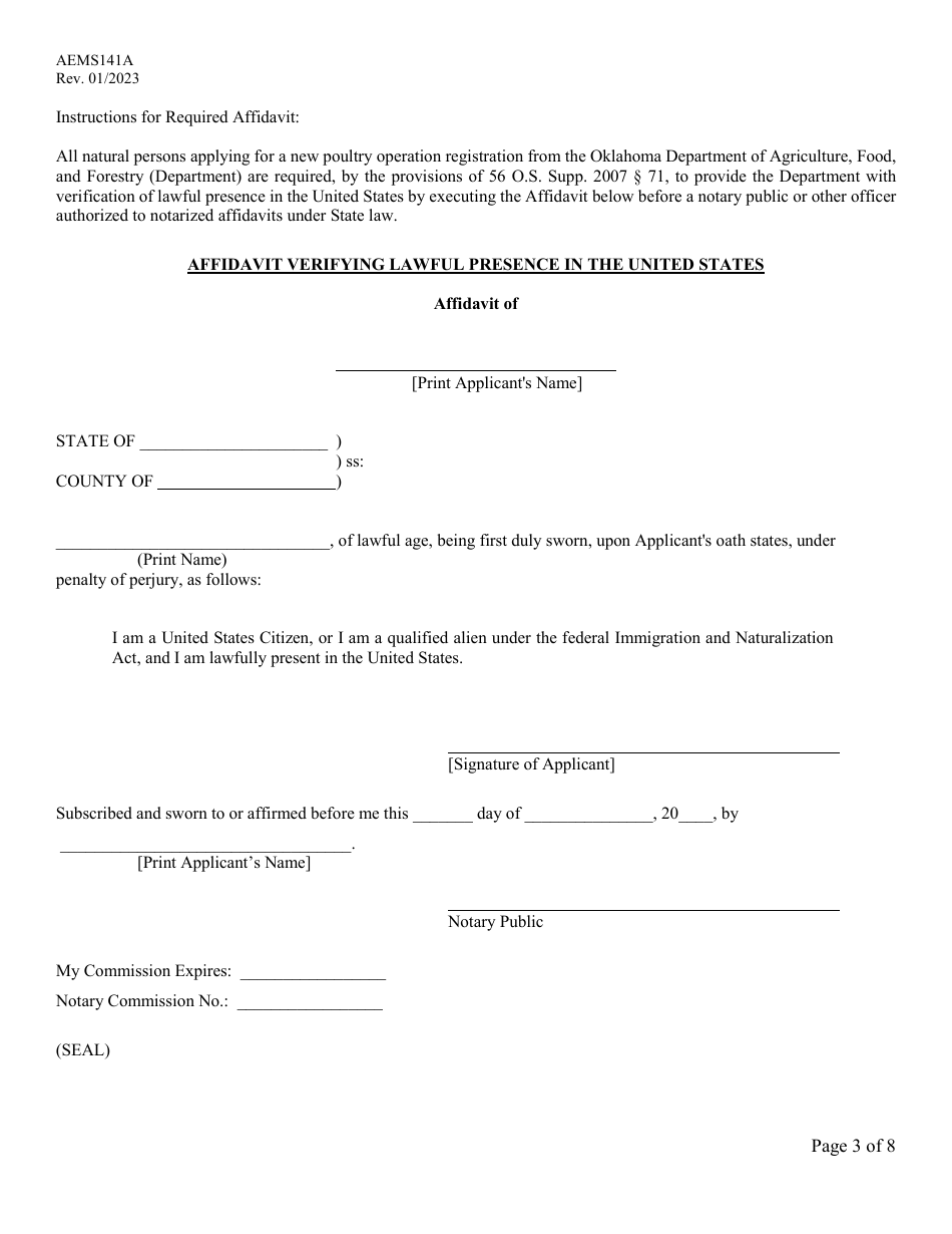 Form AEMS141A Poultry Feeding Operation Transfer Application - Oklahoma, Page 3
