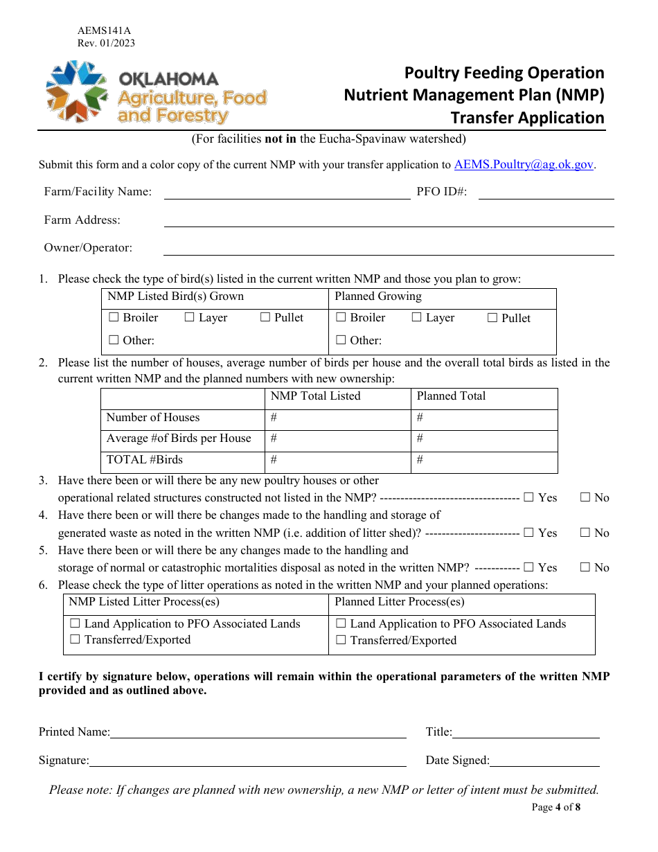 Form AEMS141A Poultry Feeding Operation Transfer Application - Oklahoma, Page 4