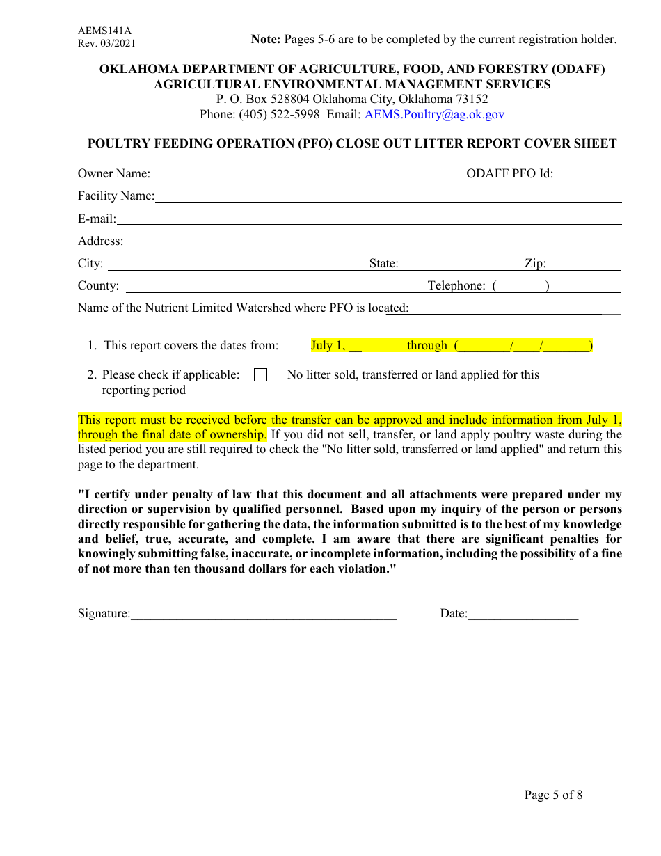 Form AEMS141A Poultry Feeding Operation Transfer Application - Oklahoma, Page 5