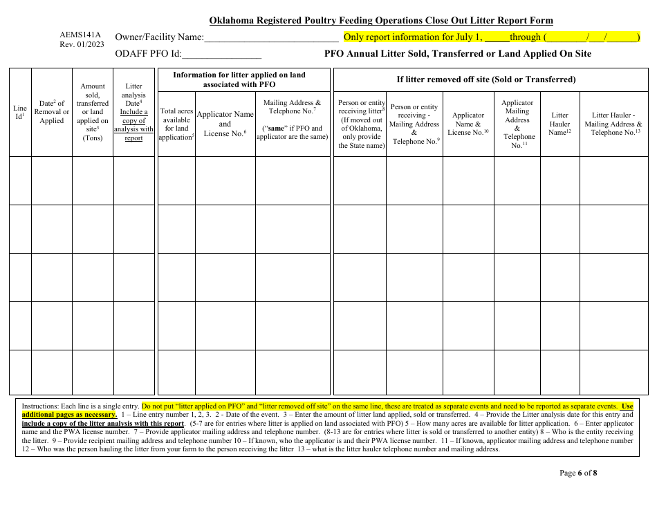 Form AEMS141A Poultry Feeding Operation Transfer Application - Oklahoma, Page 6