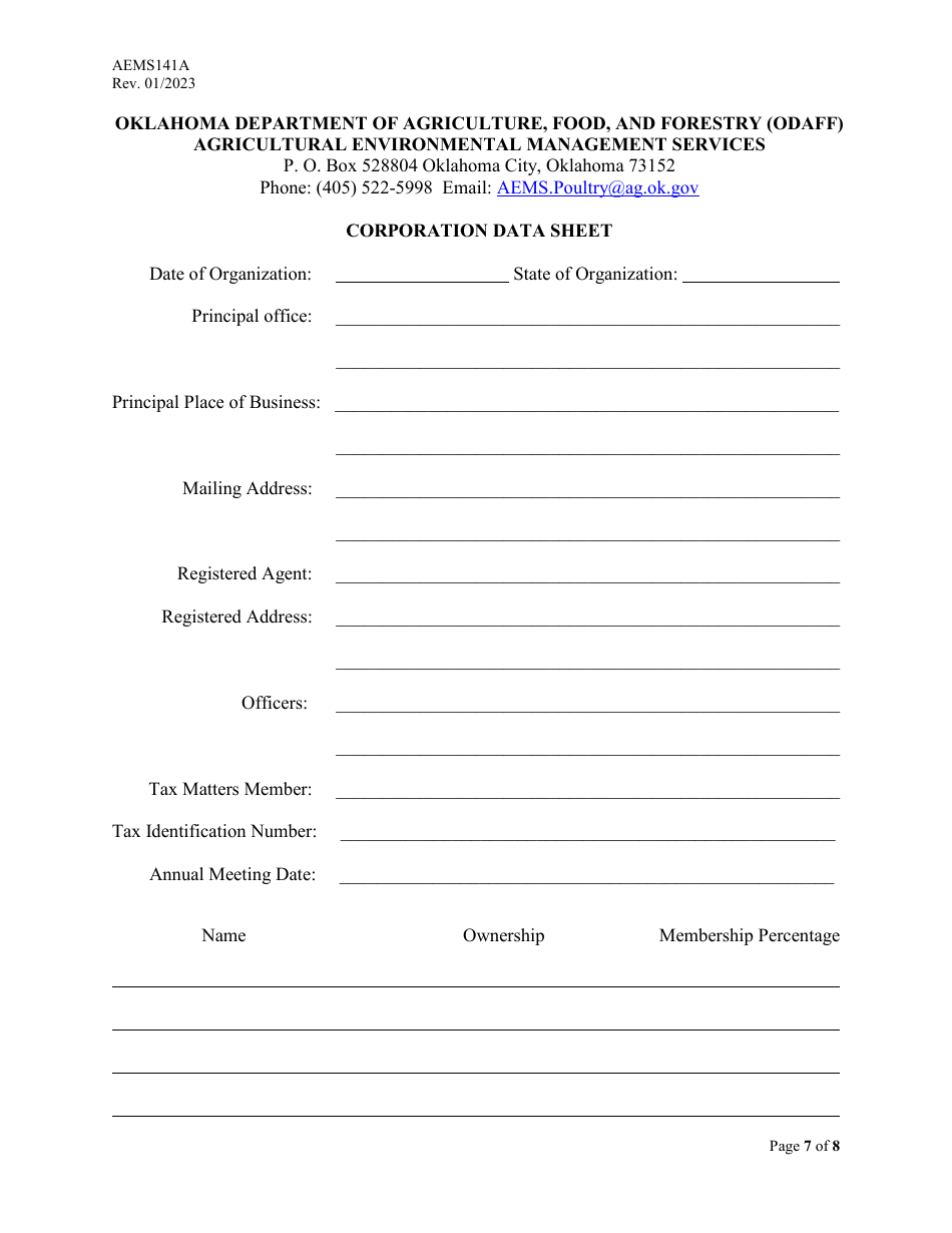 Form AEMS141A Poultry Feeding Operation Transfer Application - Oklahoma, Page 7