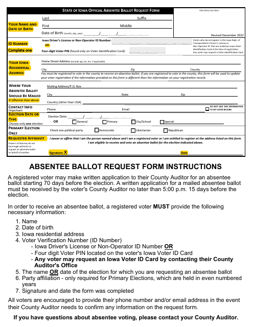 Absentee Ballot Request Form - Iowa Download Pdf