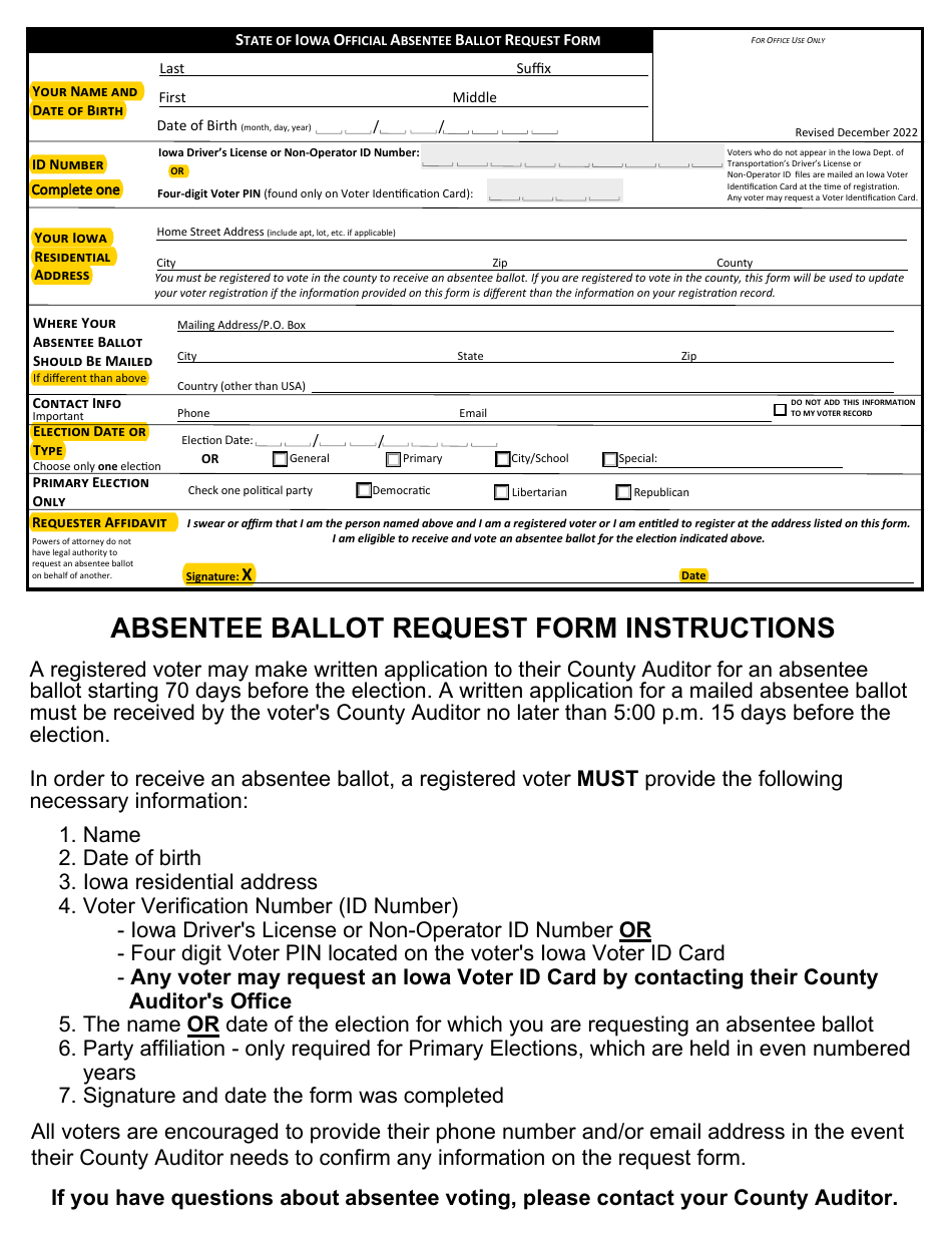 Absentee Ballot Request Form - Iowa, Page 1