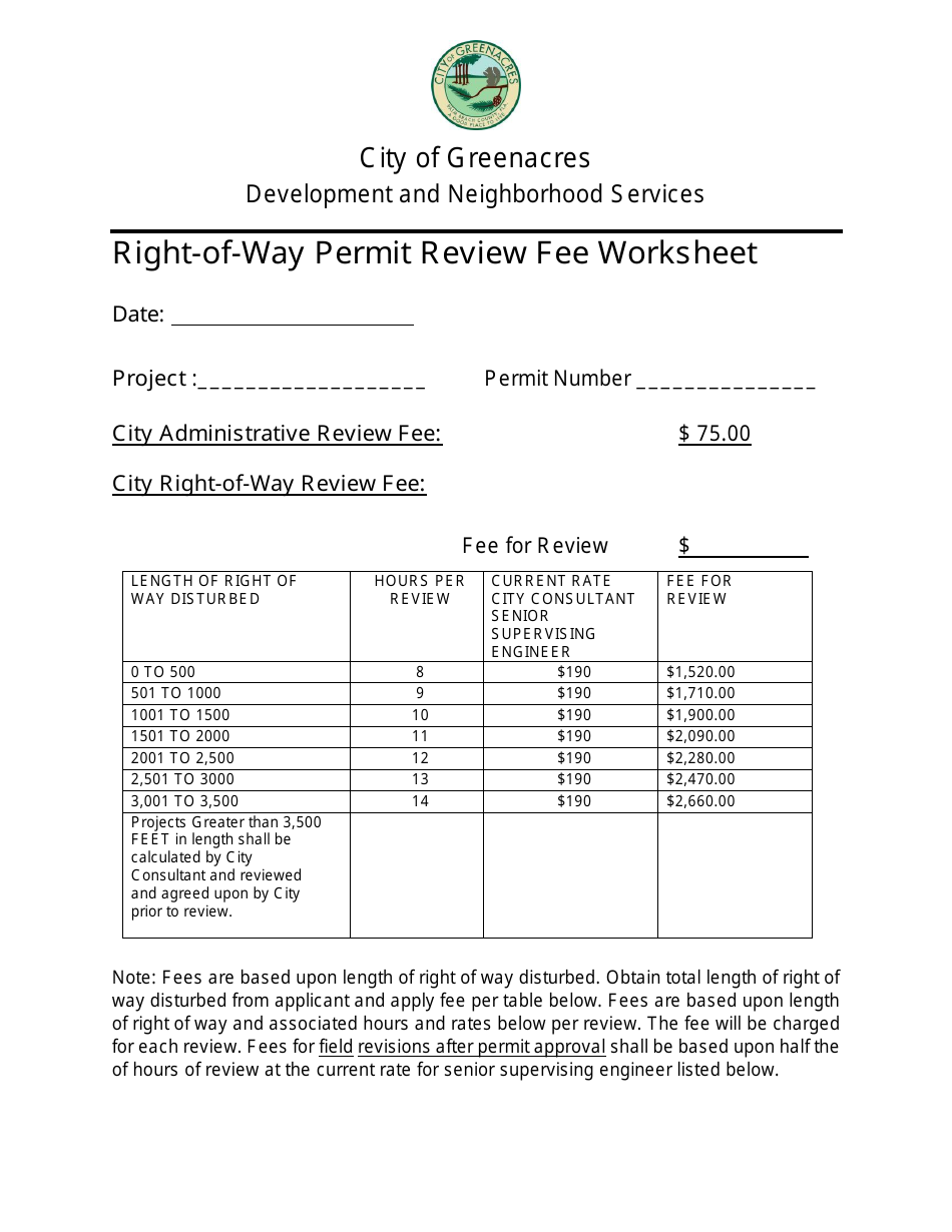 Right-Of-Way Permit Review Fee Worksheet - City of Greenacres, Florida, Page 1