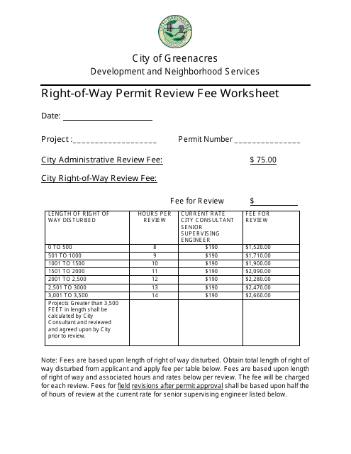 Right-Of-Way Permit Review Fee Worksheet - City of Greenacres, Florida Download Pdf