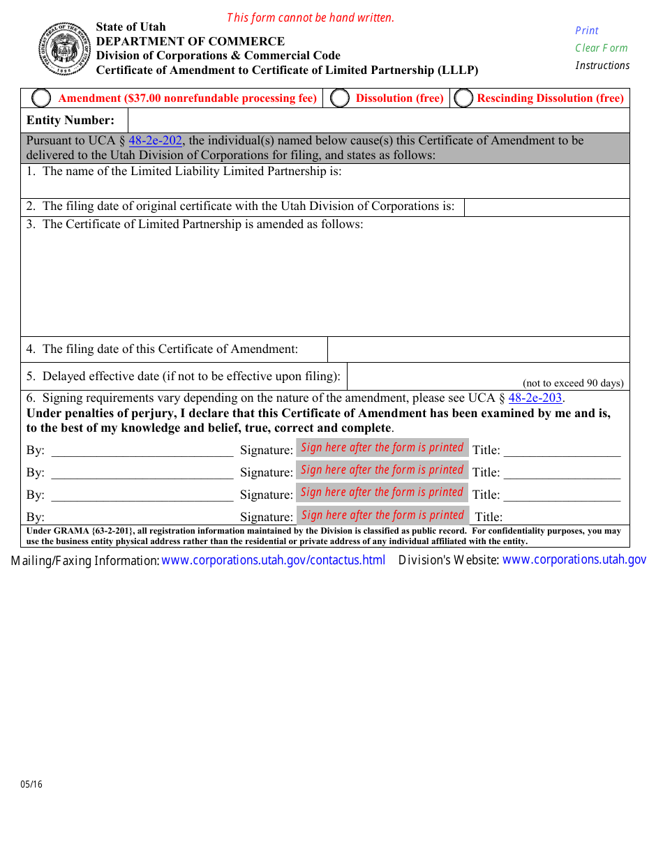 Certificate of Amendment to Certificate of Limited Partnership (Lllp) - Utah, Page 1