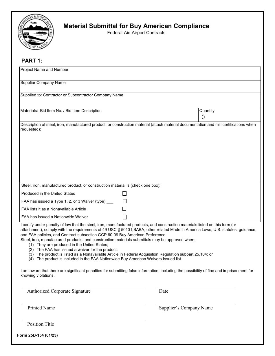 Form 25D-154 Material Submittal for Buy American Compliance - Alaska, Page 1