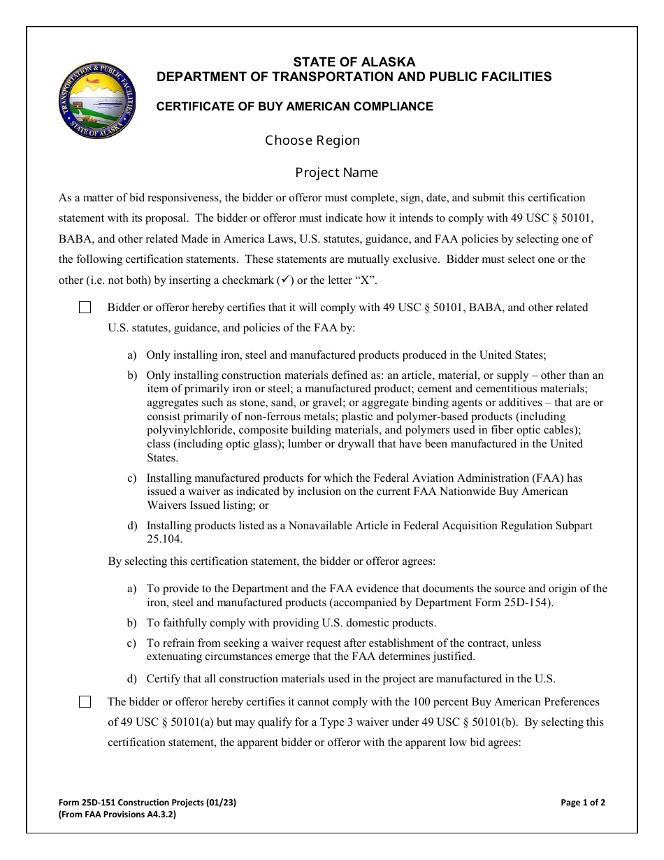 Form 25D-151 Certificate of Buy American Compliance - Alaska, Page 1
