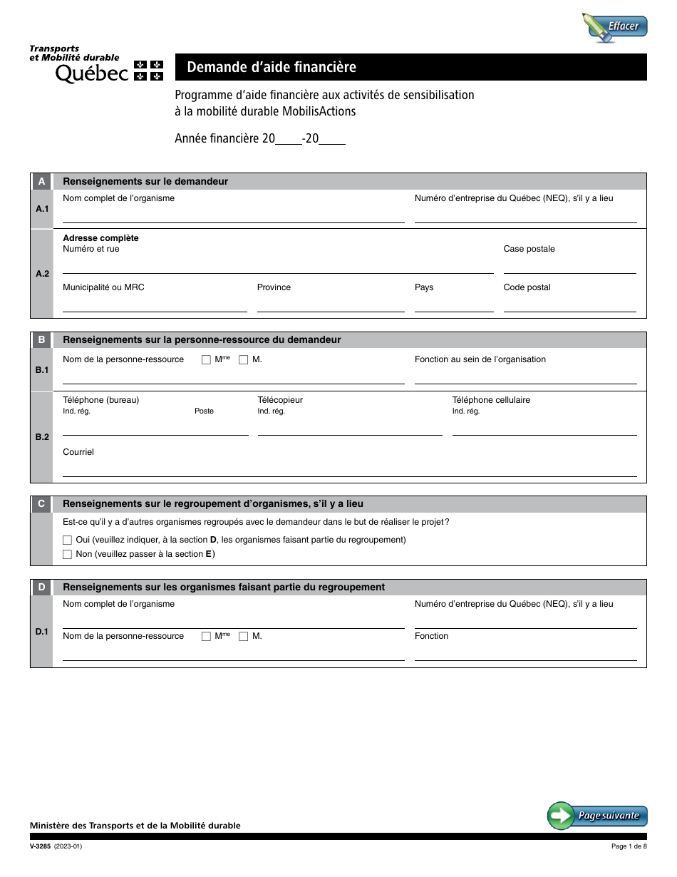 Forme V-3285 Demande Daide Financiere - Programme Daide Financiere Aux Activites De Sensibilisation a La Mobilite Durable Mobilisactions - Quebec, Canada (French), Page 1