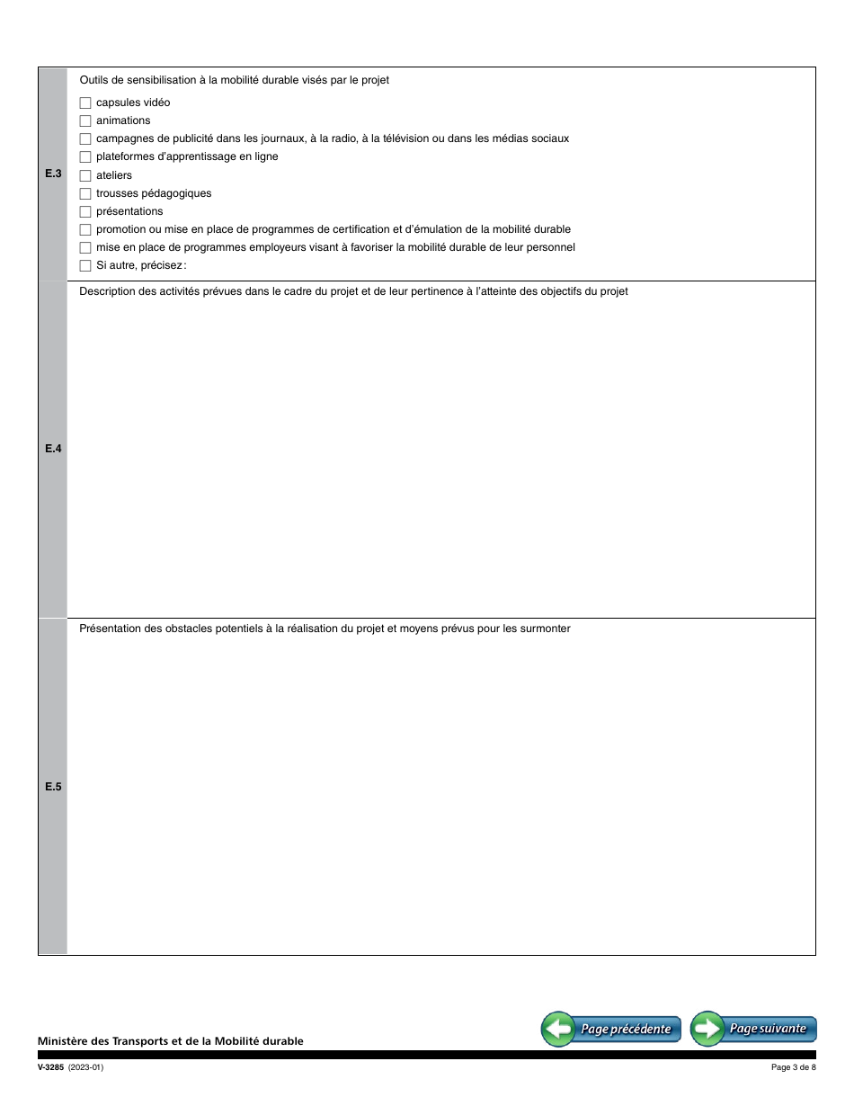 Forme V-3285 Demande Daide Financiere - Programme Daide Financiere Aux Activites De Sensibilisation a La Mobilite Durable Mobilisactions - Quebec, Canada (French), Page 3