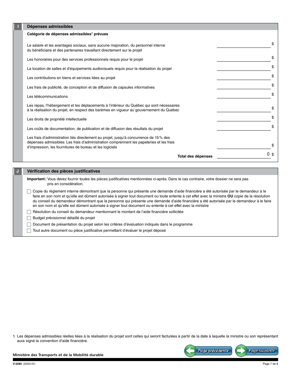Forme V-3285 Demande Daide Financiere - Programme Daide Financiere Aux Activites De Sensibilisation a La Mobilite Durable Mobilisactions - Quebec, Canada (French), Page 7