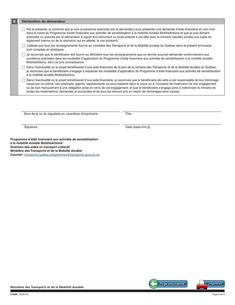 Forme V-3285 Demande Daide Financiere - Programme Daide Financiere Aux Activites De Sensibilisation a La Mobilite Durable Mobilisactions - Quebec, Canada (French), Page 8
