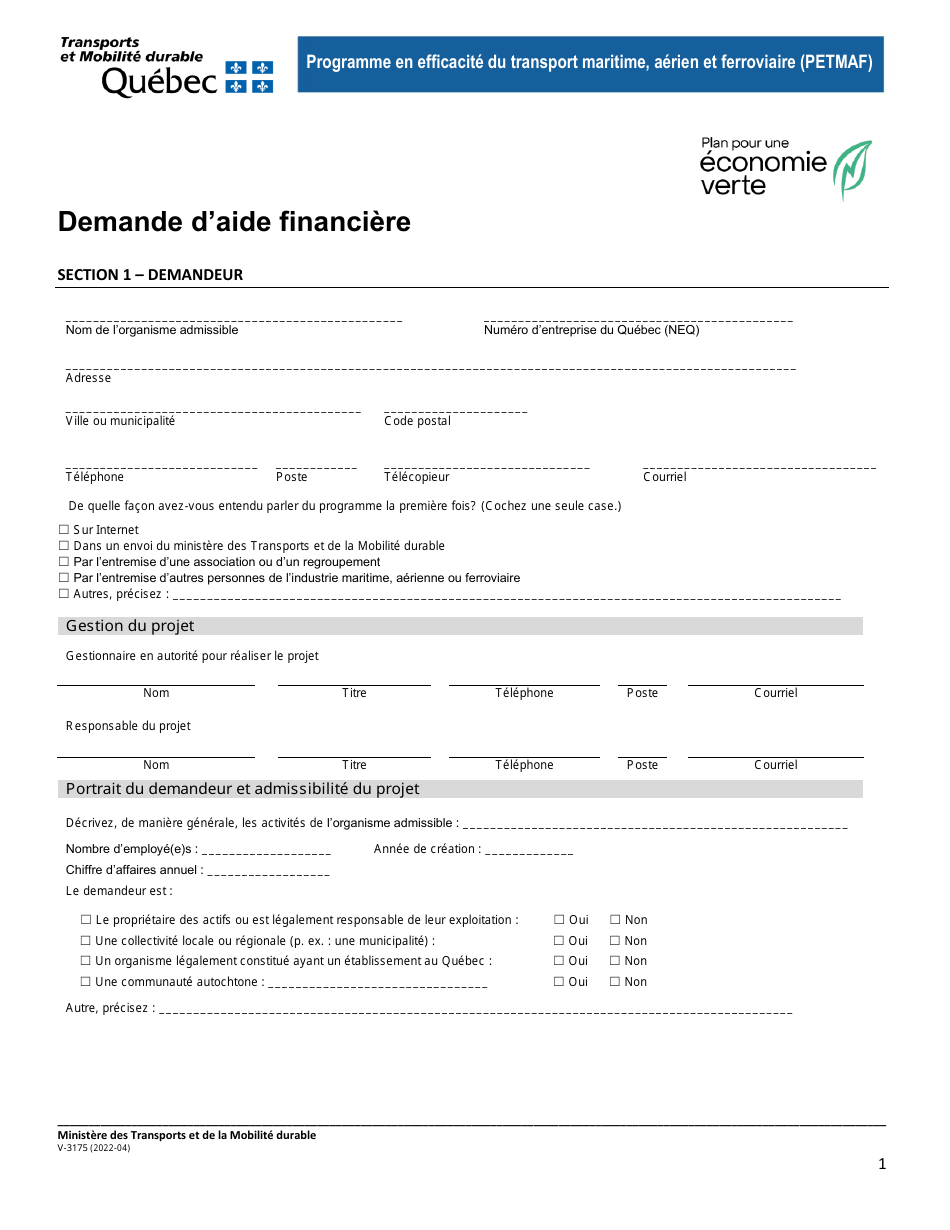 Forme V-3175 Programme En Efficacite Du Transport Maritime, Aerien Et Ferroviaire (Petmaf) - Quebec, Canada (French), Page 1