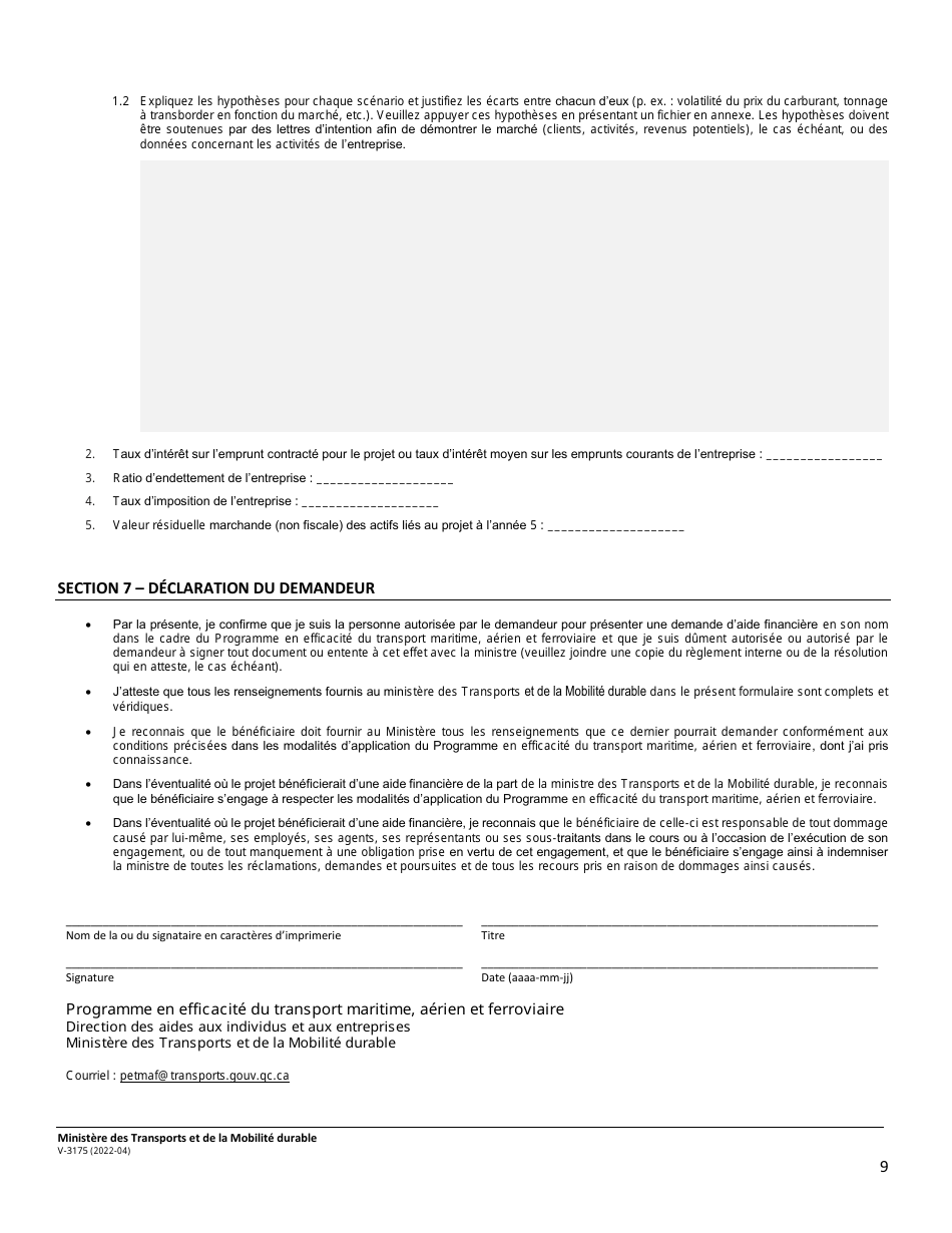 Forme V-3175 Programme En Efficacite Du Transport Maritime, Aerien Et Ferroviaire (Petmaf) - Quebec, Canada (French), Page 9