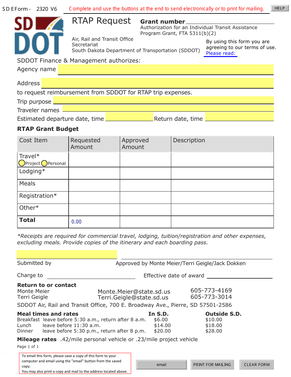 SD Form 2320 Rtap Request - South Dakota, Page 1