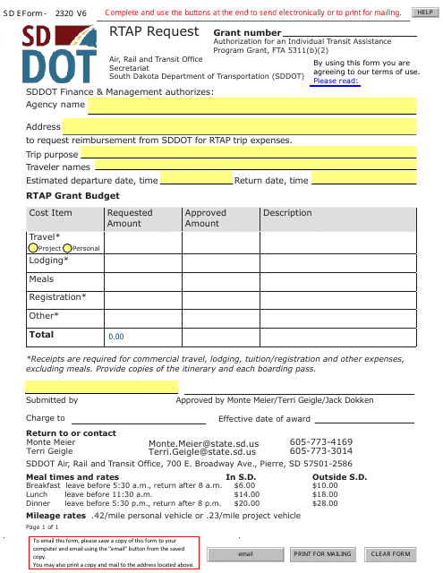 SD Form 2320 Rtap Request - South Dakota