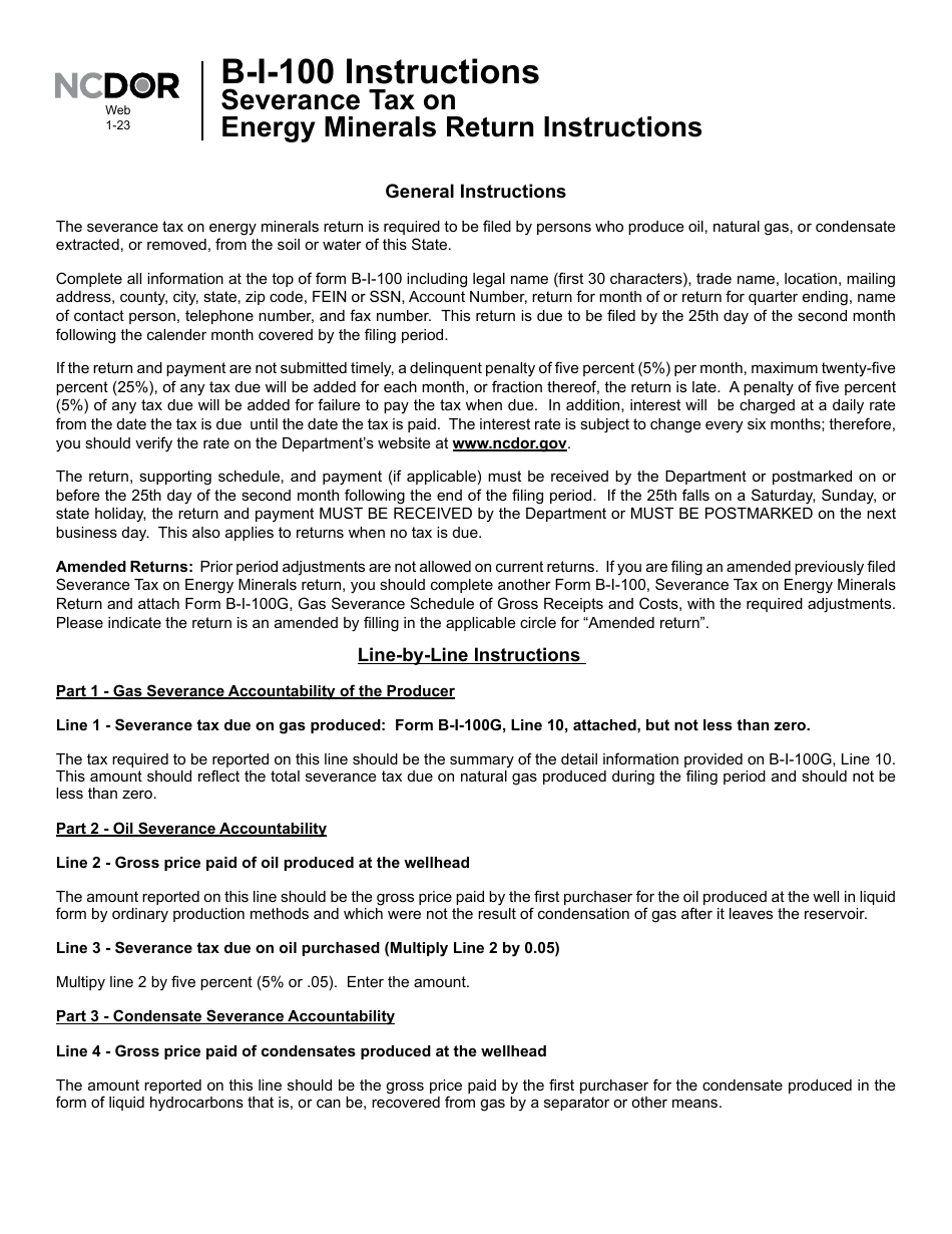 Instructions for Form B-I-100 Severance Tax on Energy Minerals Return - North Carolina, Page 1