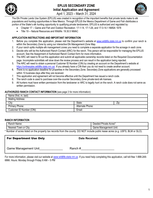 Eplus Secondary Zone Initial Application and Agreement - New Mexico Download Pdf