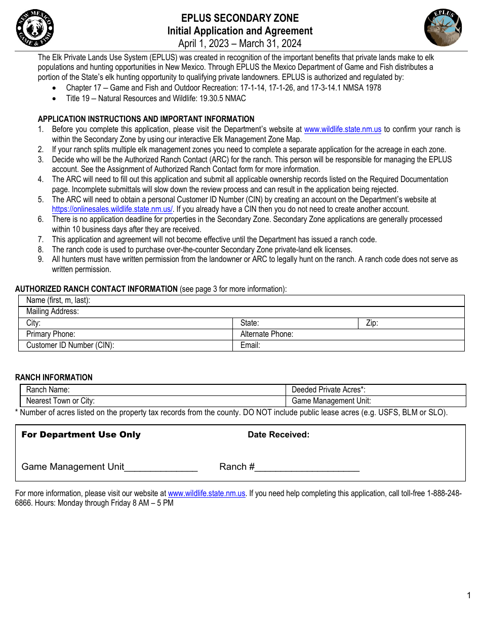 Eplus Secondary Zone Initial Application and Agreement - New Mexico, Page 1