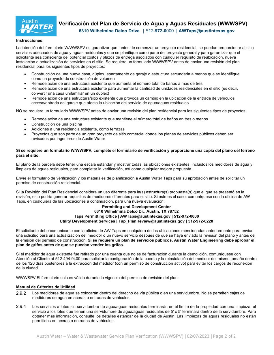 Verificacion Del Plan De Servicio De Agua Y Aguas Residuales (Wwwspv) - City of Austin, Texas (Spanish), Page 2
