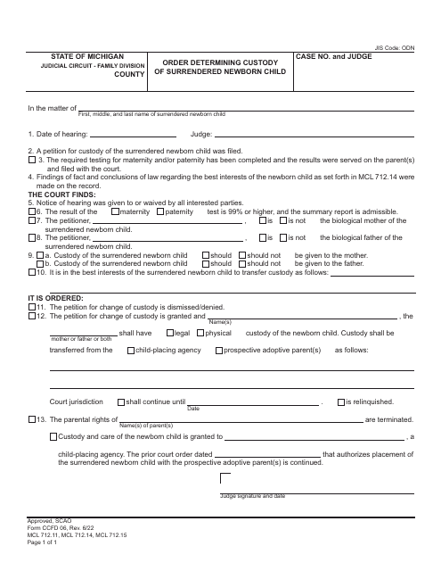 Form CCFD06 Order Determining Custody of Surrendered Newborn Child - Michigan
