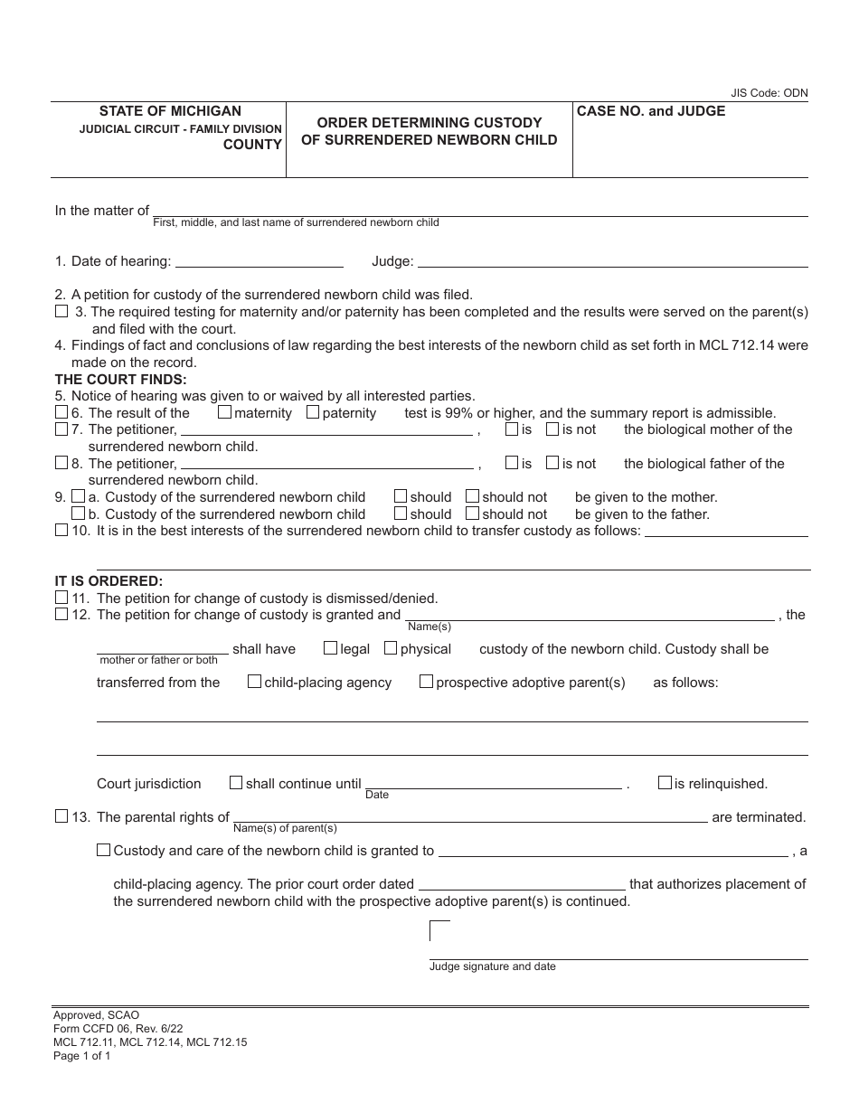 Form CCFD06 Order Determining Custody of Surrendered Newborn Child - Michigan, Page 1