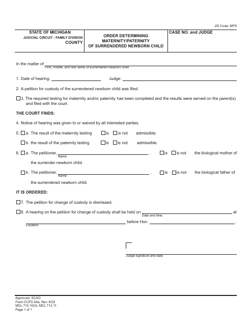 Form CCFD04A Order Determining Maternity/Paternity of Surrendered Newborn Child - Michigan