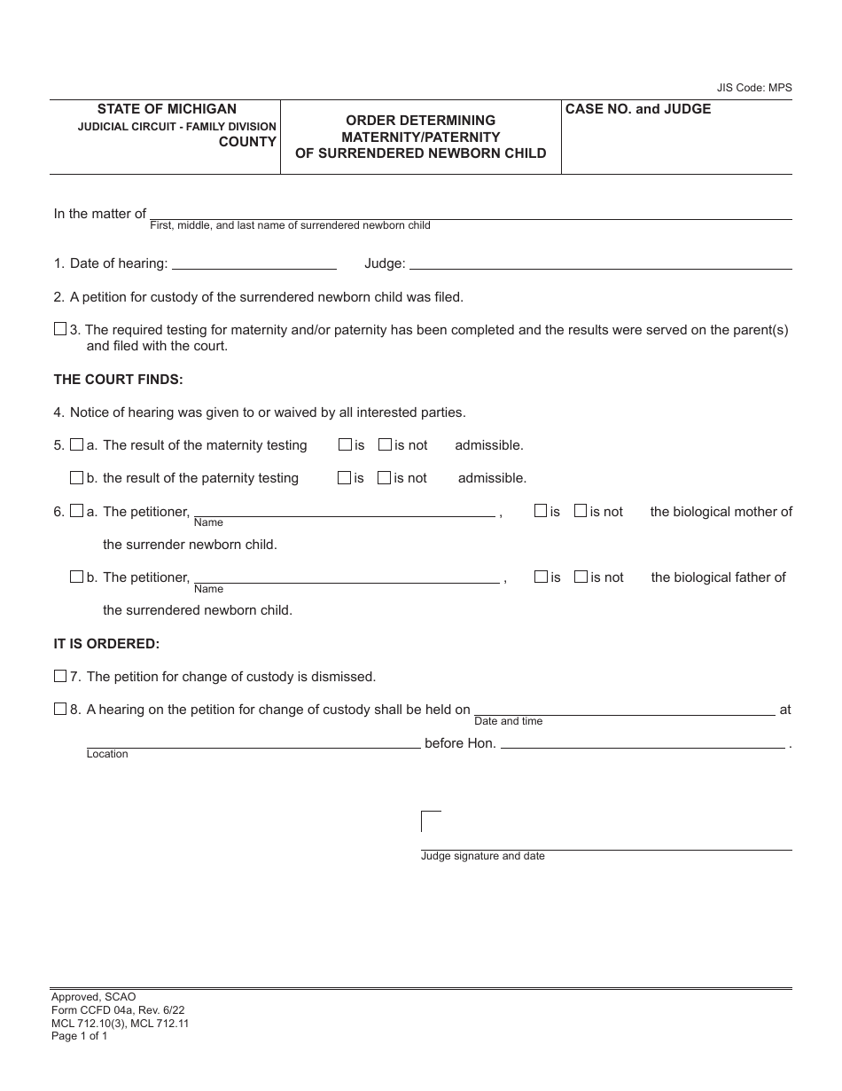 Form CCFD04A Order Determining Maternity / Paternity of Surrendered Newborn Child - Michigan, Page 1