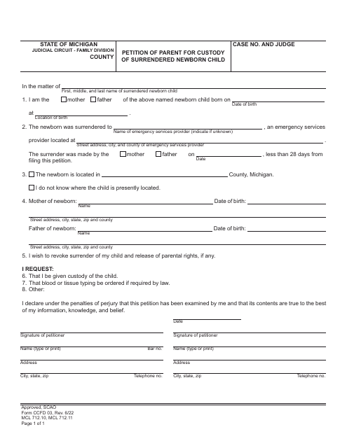 Form CCFD03 Petition of Parent for Custody of Surrendered Newborn Child - Michigan
