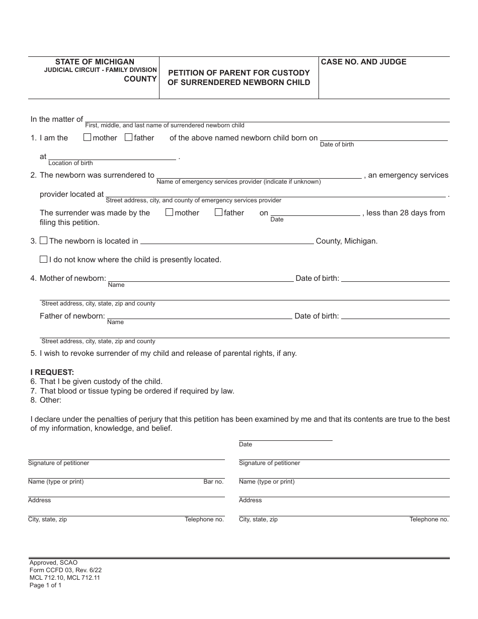 Form CCFD03 Petition of Parent for Custody of Surrendered Newborn Child - Michigan, Page 1