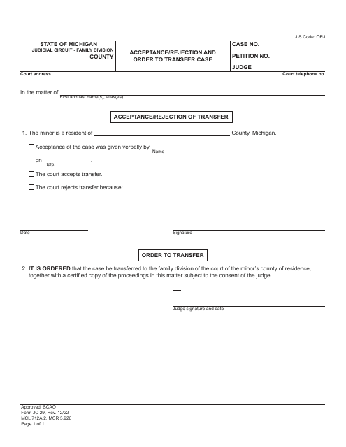 Form JC29 Acceptance/Rejection and Order to Transfer Case - Michigan