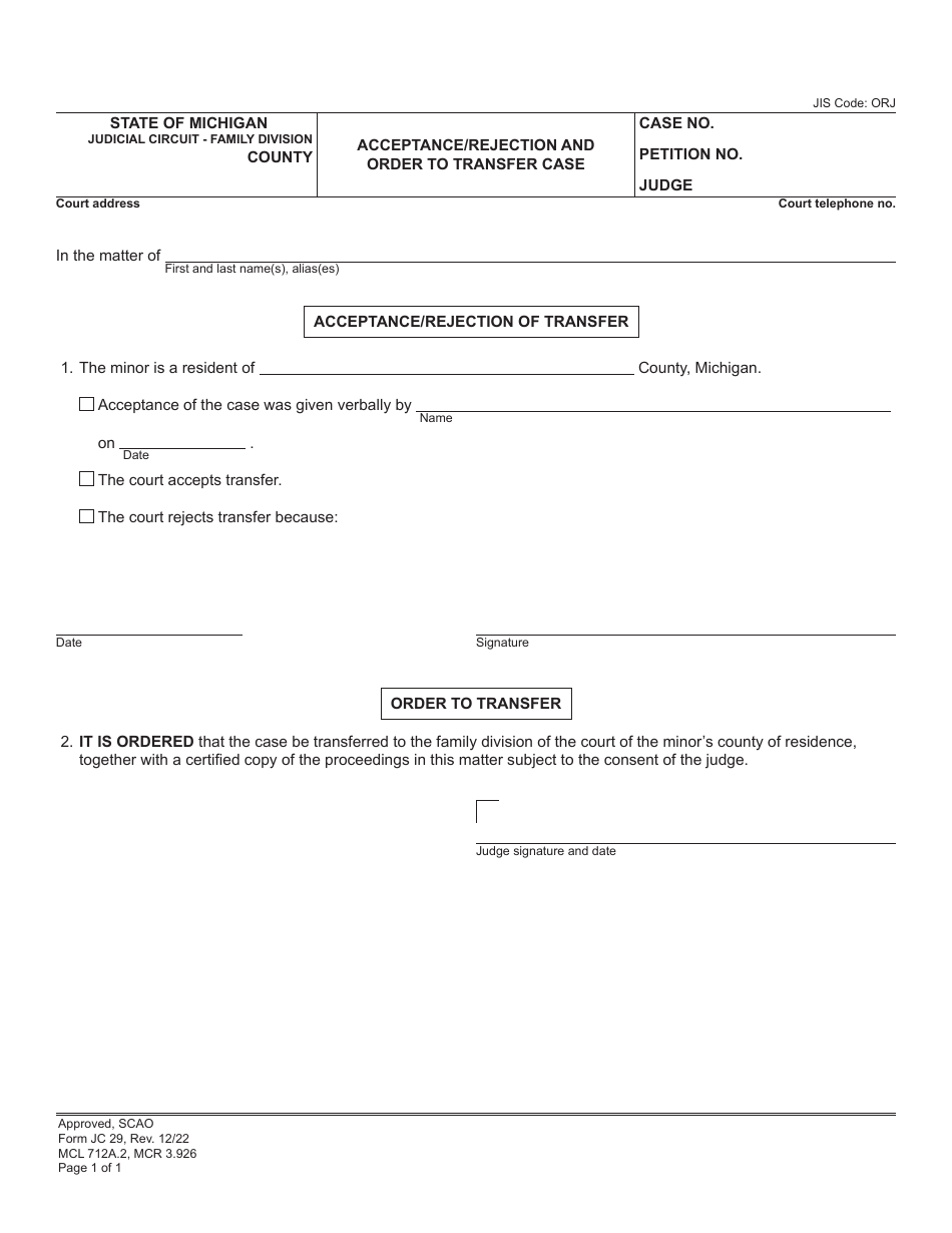 Form JC29 Acceptance / Rejection and Order to Transfer Case - Michigan, Page 1