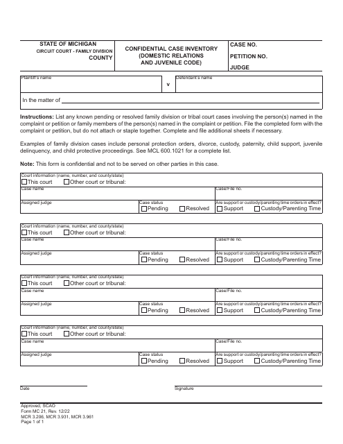 Form MC21 Confidential Case Inventory (Domestic Relations and Juvenile Code) - Michigan