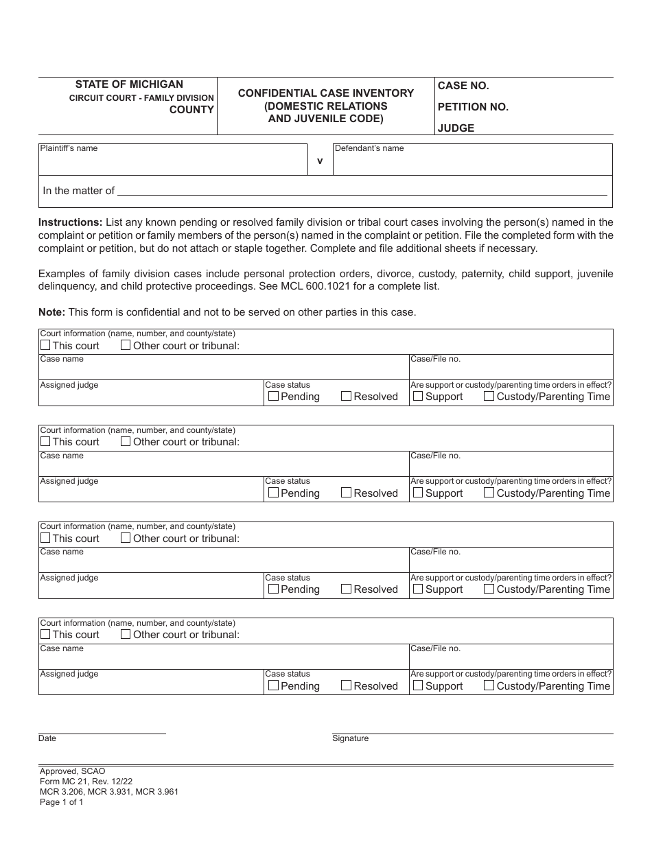 Form MC21 Confidential Case Inventory (Domestic Relations and Juvenile Code) - Michigan, Page 1