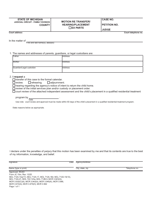 Form JC15M Motion Re Transfer/Hearing/Placement - Michigan